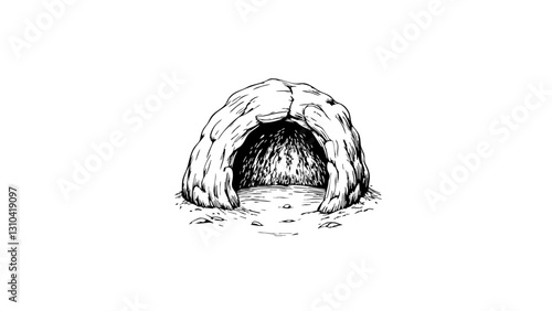 Vintage sketch of a cave entrance in black and white  