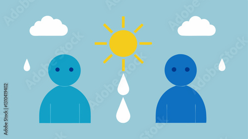 Sun and Rain Show two characters exchanging rays of sunlight and drops of rain
