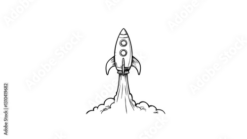 Vintage sketch of a rocket launching against a white background  