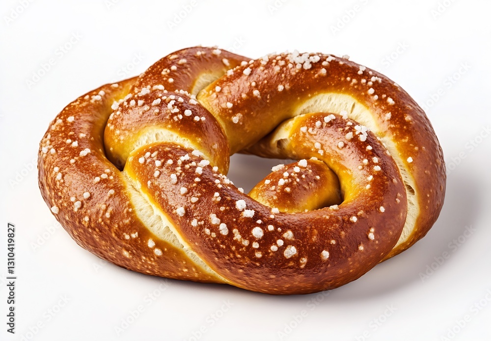 Freshly baked pretzel adorned with coarse salt presented against a clean white backdrop highlighting its deliciousness : Generative AI Freshly baked pretzel adorned with coarse salt presented against a clean white backdrop highlighting its deliciousness : Generative AI