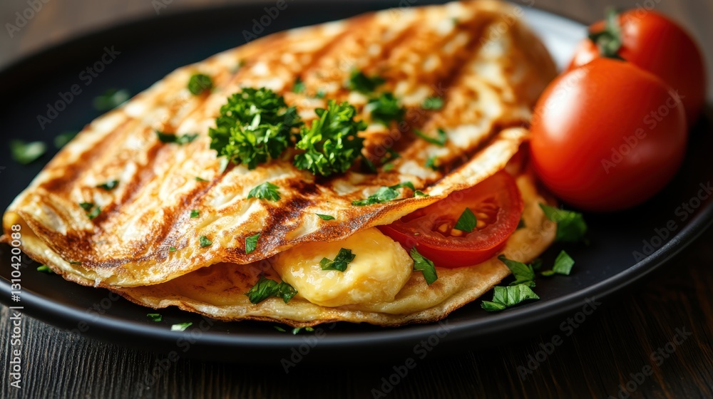 Delicious vegetarian omelet served with fresh tomatoes and parsley Delicious vegetarian omelet served with fresh tomatoes and parsley