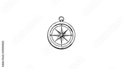 Vintage compass sketch in black and white illustrating navigation  