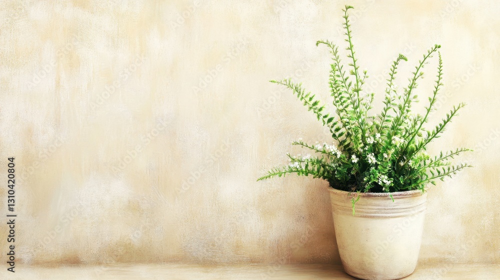 Fototapeta premium A simple potted fern with tiny flowering buds placed on a soft beige background.