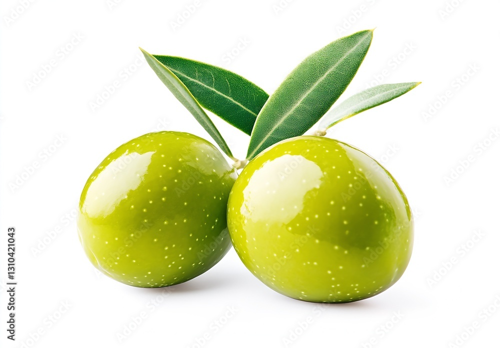 Obraz premium Two vibrant green olives with fresh leaves showcasing natural beauty and health benefits : Generative AI