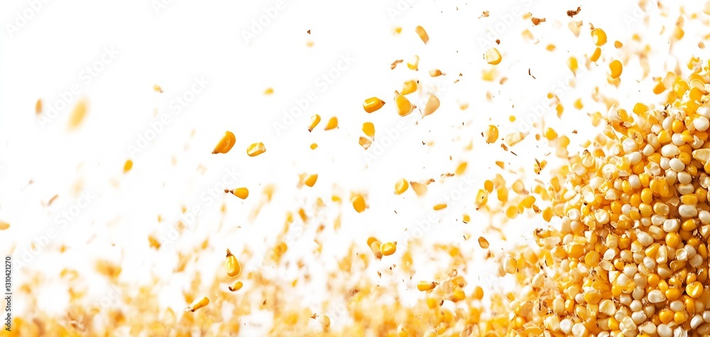 Dynamic explosion of yellow corn kernels scattering across a clean white background for food photography : Generative AI Dynamic explosion of yellow corn kernels scattering across a clean white background for food photography : Generative AI