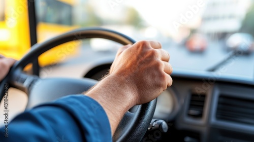 Driver's hands gripping the steering wheel of a modern bus