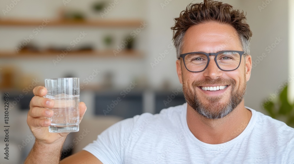 Confident man enjoying hydration in a cozy home atmosphere Confident man enjoying hydration in a cozy home atmosphere