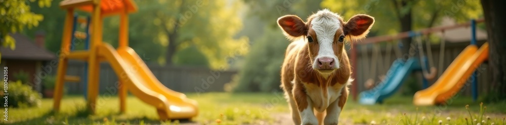 A young cow in an old-fashioned playground with swings and slides , fun, colorful, adventure