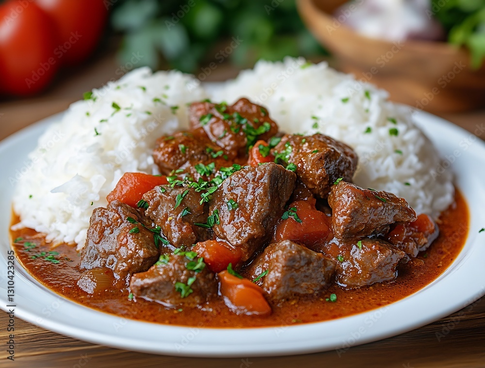 Delicious tender beef stew served with fluffy white rice and fresh herbs on a wooden table : Generative AI Delicious tender beef stew served with fluffy white rice and fresh herbs on a wooden table : Generative AI
