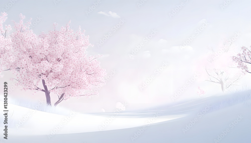 Serene Pink Cherry Blossoms In Snowy Landscape Serene Pink Cherry Blossoms In Snowy Landscape