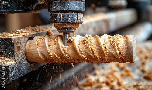 Woodworking Tool Carving Spiral Pattern in Close-Up View with Shavings and Machine photo