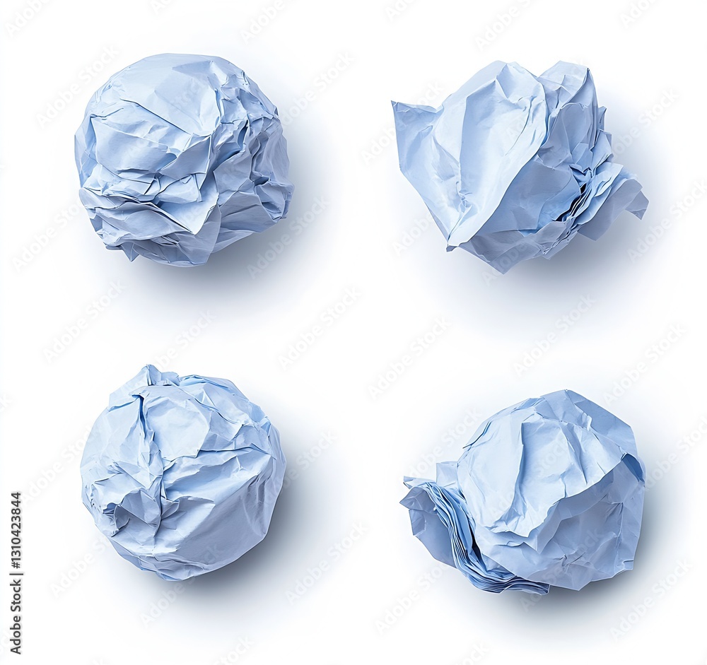 Fototapeta premium Wrinkled blue paper balls placed strategically on a clean white background for artistic flair : Generative AI