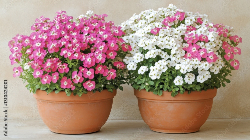 A terracotta pot brimming with white and pink alyssum flowers on a neutral beige surface. A terracotta pot brimming with white and pink alyssum flowers on a neutral beige surface.
