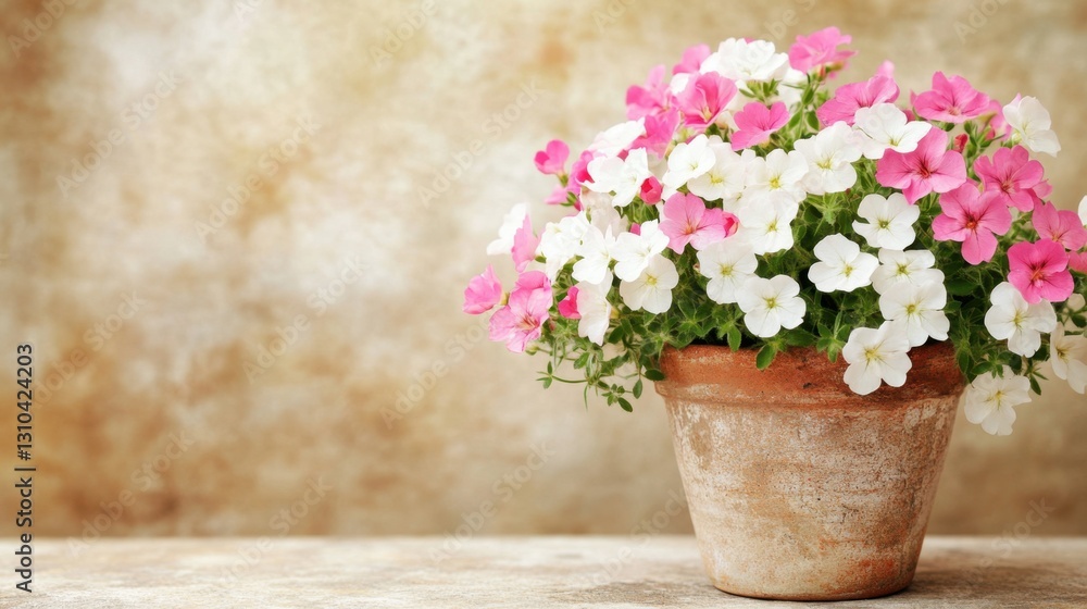 A terracotta pot brimming with white and pink alyssum flowers on a neutral beige surface. A terracotta pot brimming with white and pink alyssum flowers on a neutral beige surface.