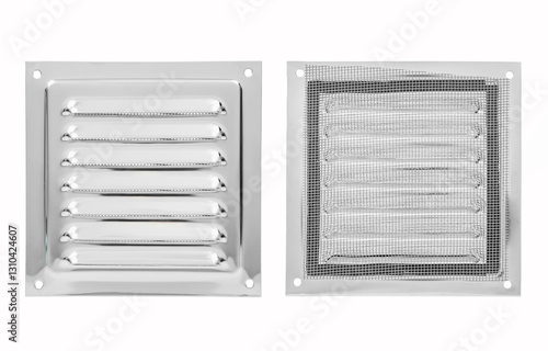 Metal ventilation grille is highlighted on a white background. Rectangular shape. Front and back sides.