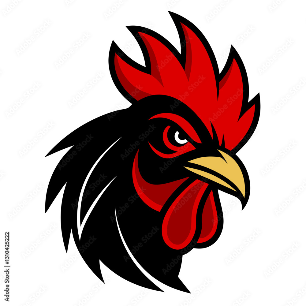 rooster head with red comb and wattle. The rooster has a fierce expression with a black body and yellow beak, vector illustration rooster head with red comb and wattle. The rooster has a fierce expression with a black body and yellow beak, vector illustration