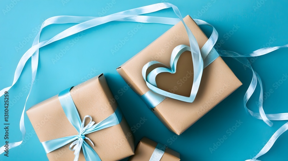 Kraft Gift Boxes with Light Blue Ribbons and Heart Kraft Gift Boxes with Light Blue Ribbons and Heart