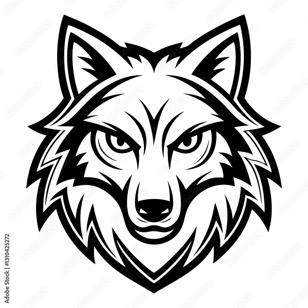 Obraz premium a black and white illustration of a wolf mascot head with an intense stare, ready to be used for a logo, badge or tattoo, vector illustration