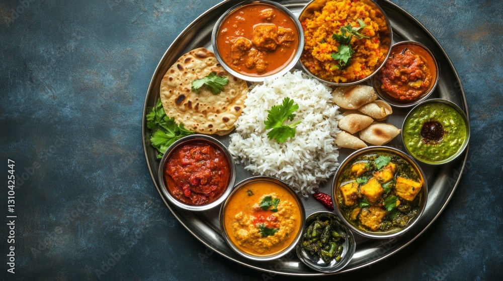 This stunning Indian thali features a colorful array of authentic dishes, including creamy curries, fragrant rice, and crispy breads, all beautifully arranged This stunning Indian thali features a colorful array of authentic dishes, including creamy curries, fragrant rice, and crispy breads, all beautifully arranged