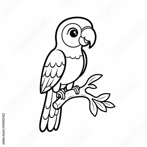 Cute Parrot on Tree Branch Coloring Page – Simple and Bold Line Art for Kids

