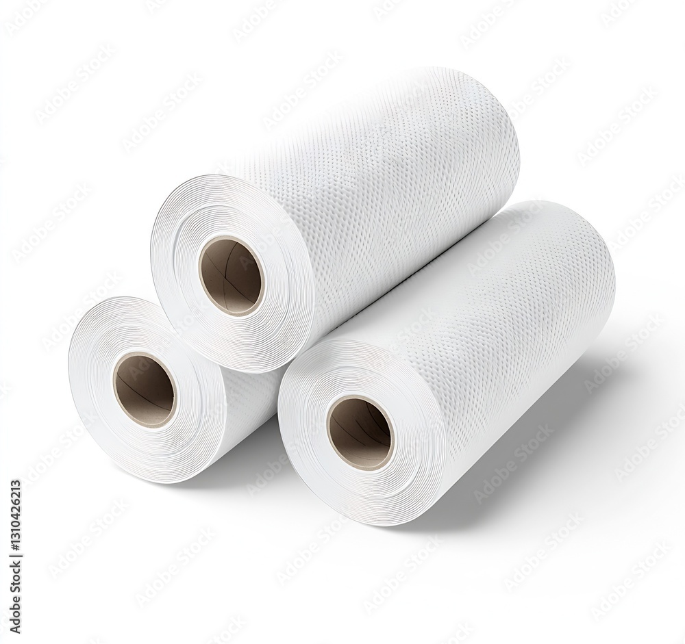 Three rolls of clean white paper towel stacked on a bright surface for household use : Generative AI Three rolls of clean white paper towel stacked on a bright surface for household use : Generative AI