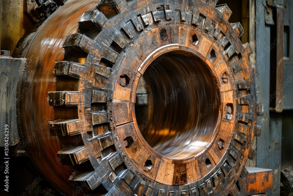 Fototapeta premium Close-Up View of Large Industrial Gear Wheel in Metalworking Machining Process with Oil