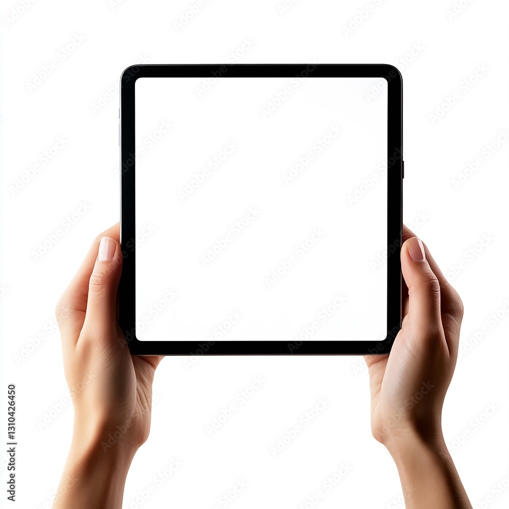 Person holding a pristine digital tablet with a clear empty screen perfect for custom graphics or messages : Generative AI Person holding a pristine digital tablet with a clear empty screen perfect for custom graphics or messages : Generative AI