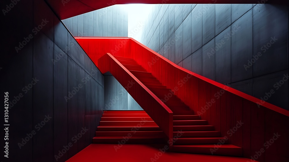 Red Staircase in Modern Concrete Corridor Red Staircase in Modern Concrete Corridor