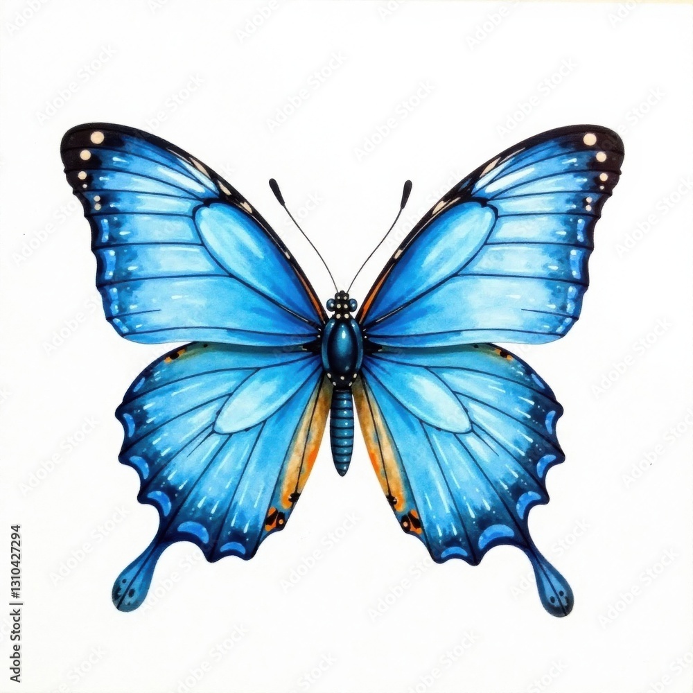 Obraz premium Blue watercolor butterfly on white background, colorful, watercolor painting, flowers