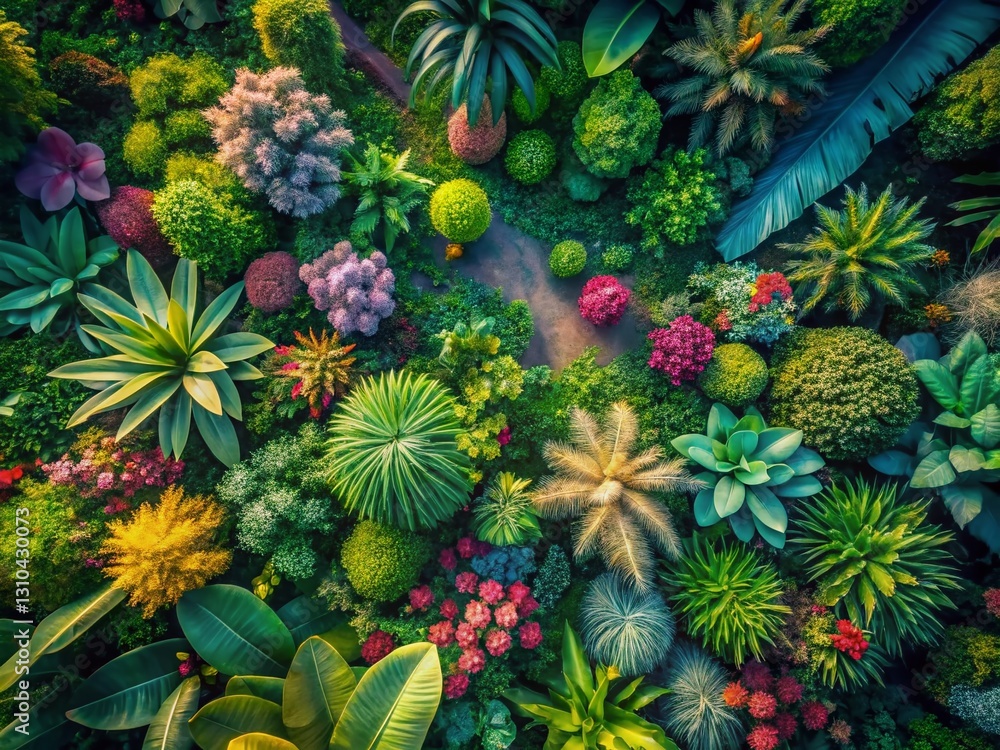Fototapeta premium Dreamy Boho Botanical Textures: Aerial Drone Photography of Lush Gardens