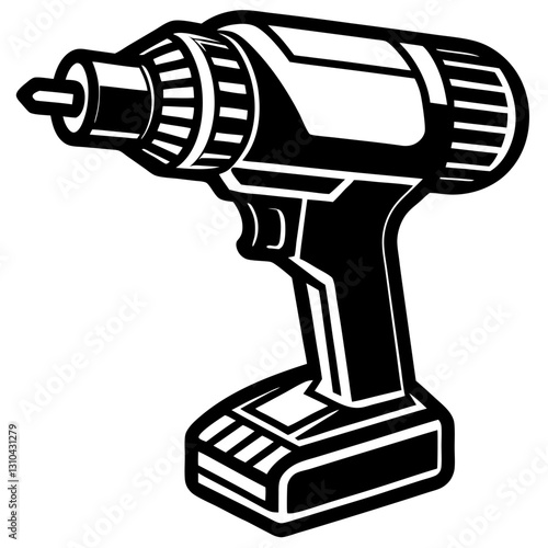 Cordless Drill Outline Vector Illustration - Construction Clipart & Line Art Design, Cordless drill outline vector illustration, perfect for clipart, line art, and construction designs.