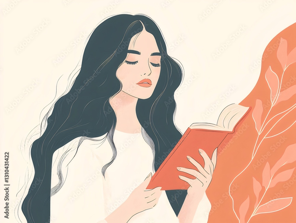 Woman reading book, floral background, calm, illustration Woman reading book, floral background, calm, illustration