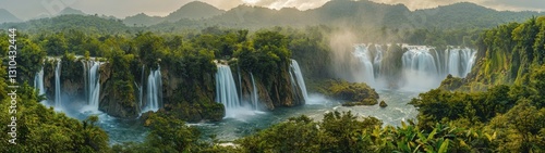 Breathtaking waterfall landscape at dawn surrounded by lush green mountains and misty atmosphere