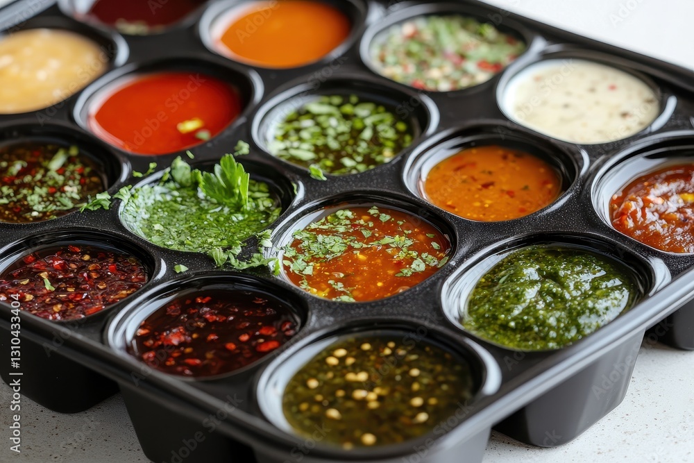 Colorful Variety of Sauces and Condiments in Black Tray Arrangement Colorful Variety of Sauces and Condiments in Black Tray Arrangement