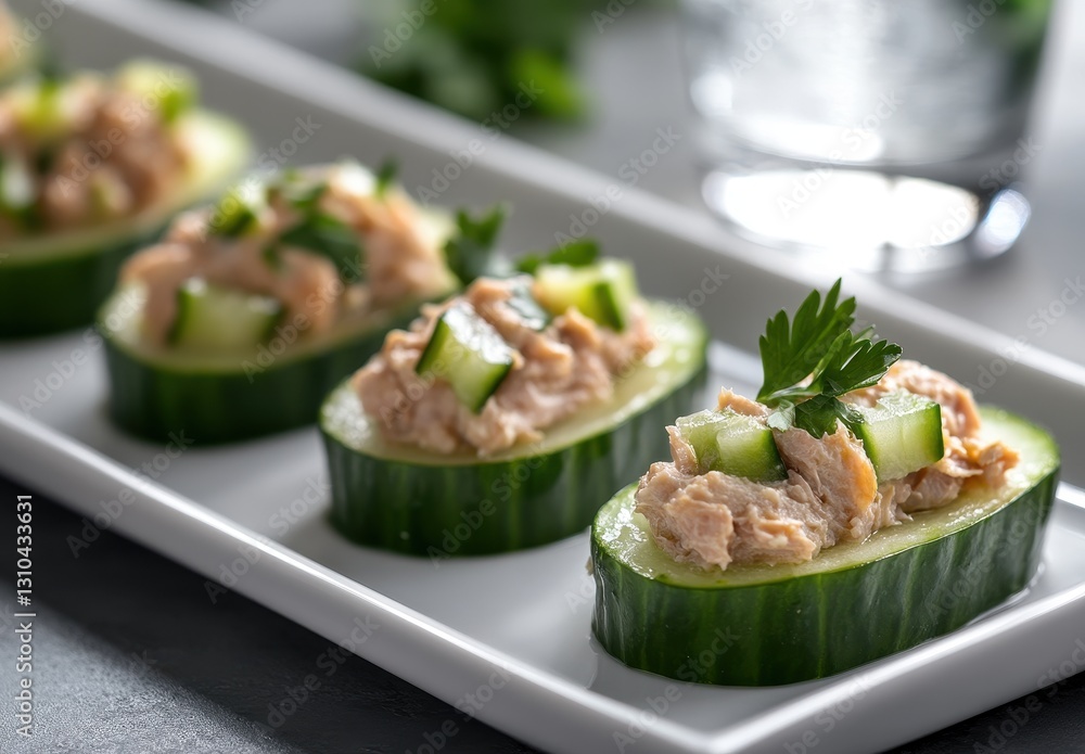 Delicious cucumber bites topped with flavorful chicken salad, garnished with fresh herbs, perfect for appetizers and healthy snacks at parties or gatherings Delicious cucumber bites topped with flavorful chicken salad, garnished with fresh herbs, perfect for appetizers and healthy snacks at parties or gatherings