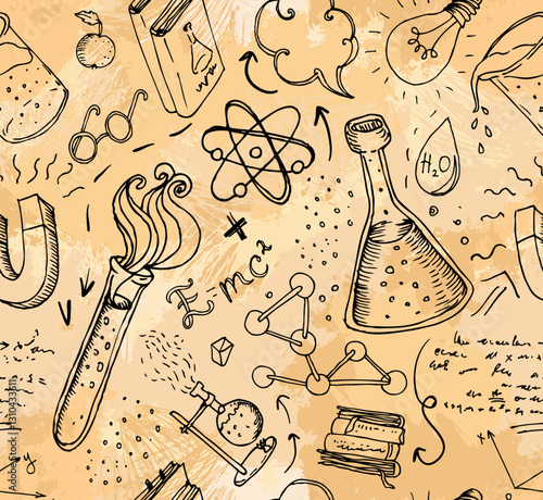Back to School: science lab objects doodle hand drawn vintage style sketches seamless pattern, vector illustration.