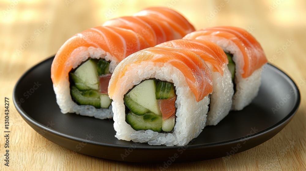Sushi rolls with salmon and cucumber presented on a black plate in a casual dining setting Sushi rolls with salmon and cucumber presented on a black plate in a casual dining setting