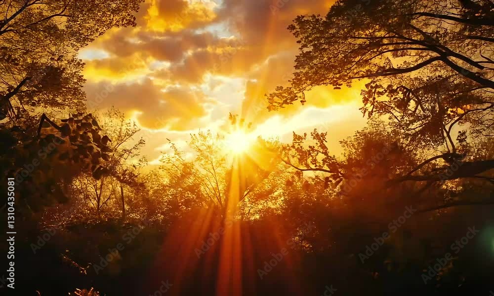 Golden sunset through trees