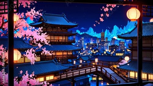 A mesmerizing, high-detail, and high-resolution image of an ancient Japanese cityscape at night, captured in a minimalist photography style, with vibrant colors of lights illuminating the scenery, rem