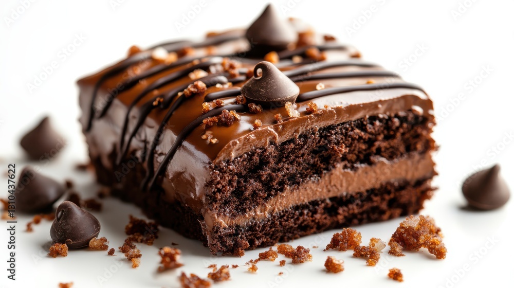 Decadent chocolate cake slice with cocoa drizzle on white backdrop Decadent chocolate cake slice with cocoa drizzle on white backdrop