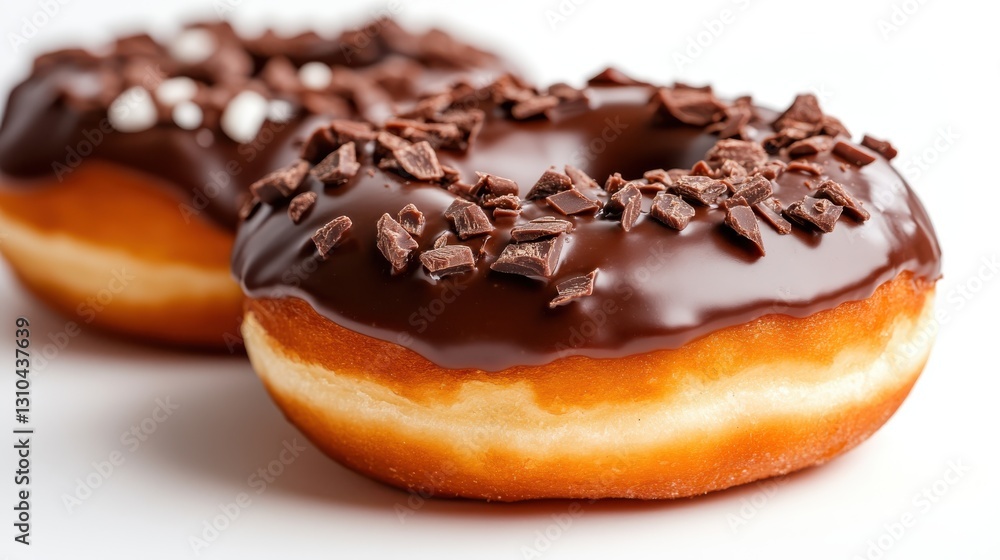 Decadent chocolate glazed donut with sprinkles against a clean white backdrop Decadent chocolate glazed donut with sprinkles against a clean white backdrop