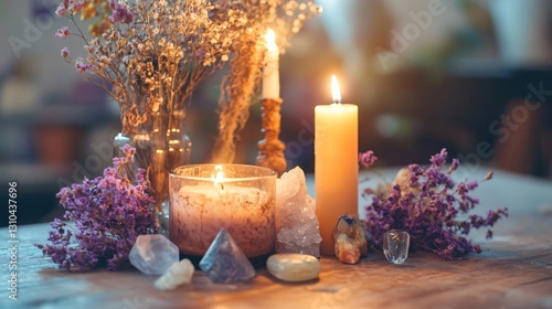 Professional Image of a Serene Arrangement of Candles, Crystals, and Decor