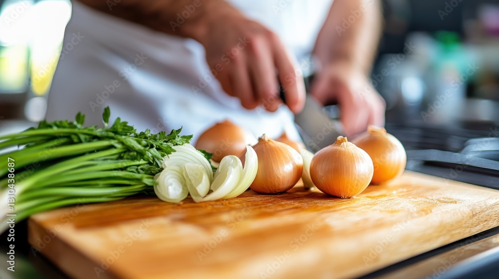 Culinary artistry unfolds with vibrant onions and fresh herbs in kitchen Culinary artistry unfolds with vibrant onions and fresh herbs in kitchen