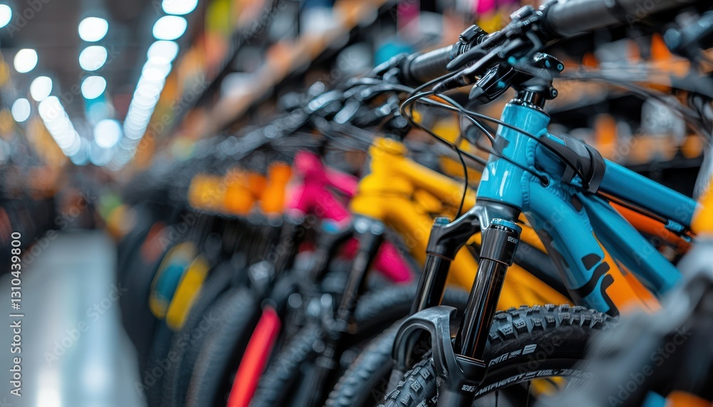 Colorful Mountain Bikes on Display in a Retail Store with Blurred Background Focus Colorful Mountain Bikes on Display in a Retail Store with Blurred Background Focus
