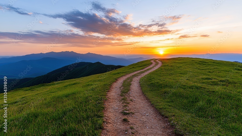 Winding dirt path through green hills leading to sunset's embrace Winding dirt path through green hills leading to sunset's embrace