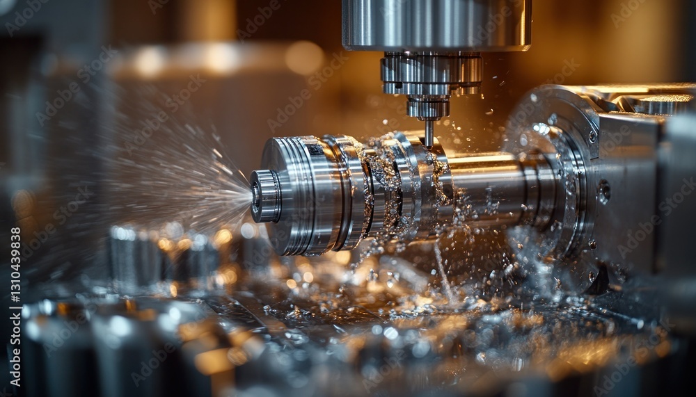 Precision Machining Process with Metalworking Machine and Coolant Spanning in Workshop Precision Machining Process with Metalworking Machine and Coolant Spanning in Workshop