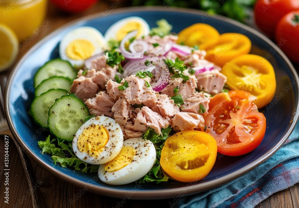 Fresh and Colorful Tuna Salad with Sliced Vegetables and Hard-Boiled Eggs on Blue Plate with Green Lettuce and Red Tomatoes on Wooden Table Fresh and Colorful Tuna Salad with Sliced Vegetables and Hard-Boiled Eggs on Blue Plate with Green Lettuce and Red Tomatoes on Wooden Table