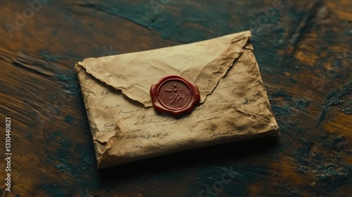 Old Sealed Envelope with Wax Stamp and Vintage Letter on Rustic Wooden Table