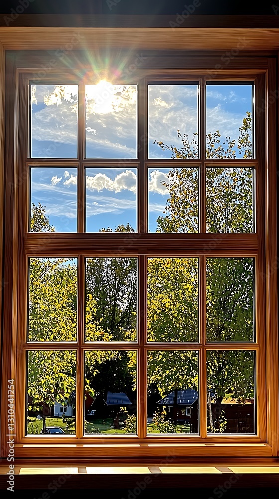 Window view sunburst, trees, blue sky Window view sunburst, trees, blue sky