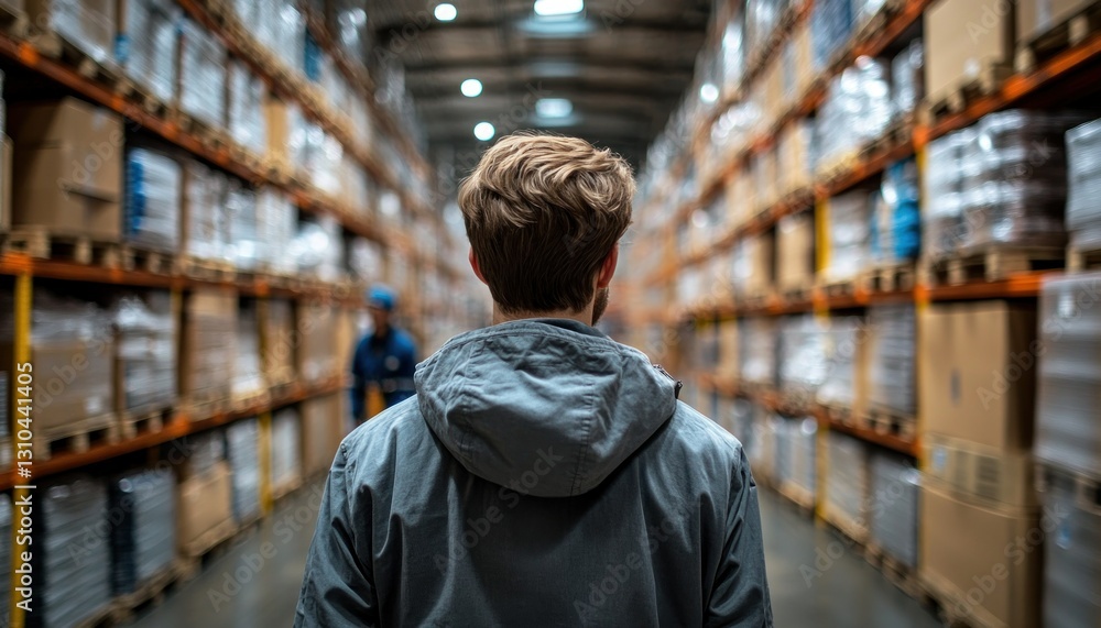 Warehouse Worker Stands in Aisle Surrounded by Shelves of Stocked Boxes and Goods Warehouse Worker Stands in Aisle Surrounded by Shelves of Stocked Boxes and Goods